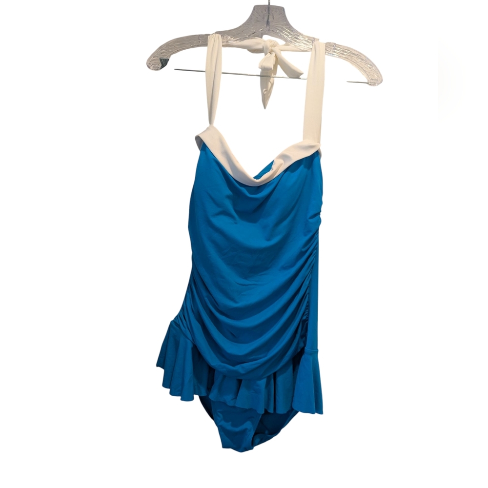 LAUREN Ralph Lauren Royal Blue White Halter Trim Slim Fit Swim Suit Sz 12 *NWOT